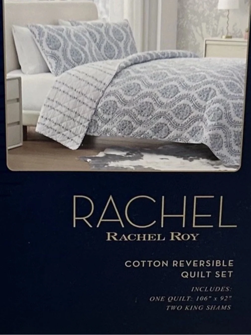Rachel Roy Blue and White Floral Reversible King Cotton Quilt Set 106”x92”